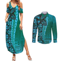 Samoan Pacific Tribal Flower Geometric Art Tattoos Couples Matching Summer Maxi Dress and Long Sleeve Button Shirt Siapo Pattern Turquoise Tide - Polynesian Pride