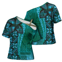 Samoan Pacific Tribal Flower Geometric Art Tattoos Cross Shoulder Shirt Siapo Pattern Turquoise Tide - Polynesian Pride