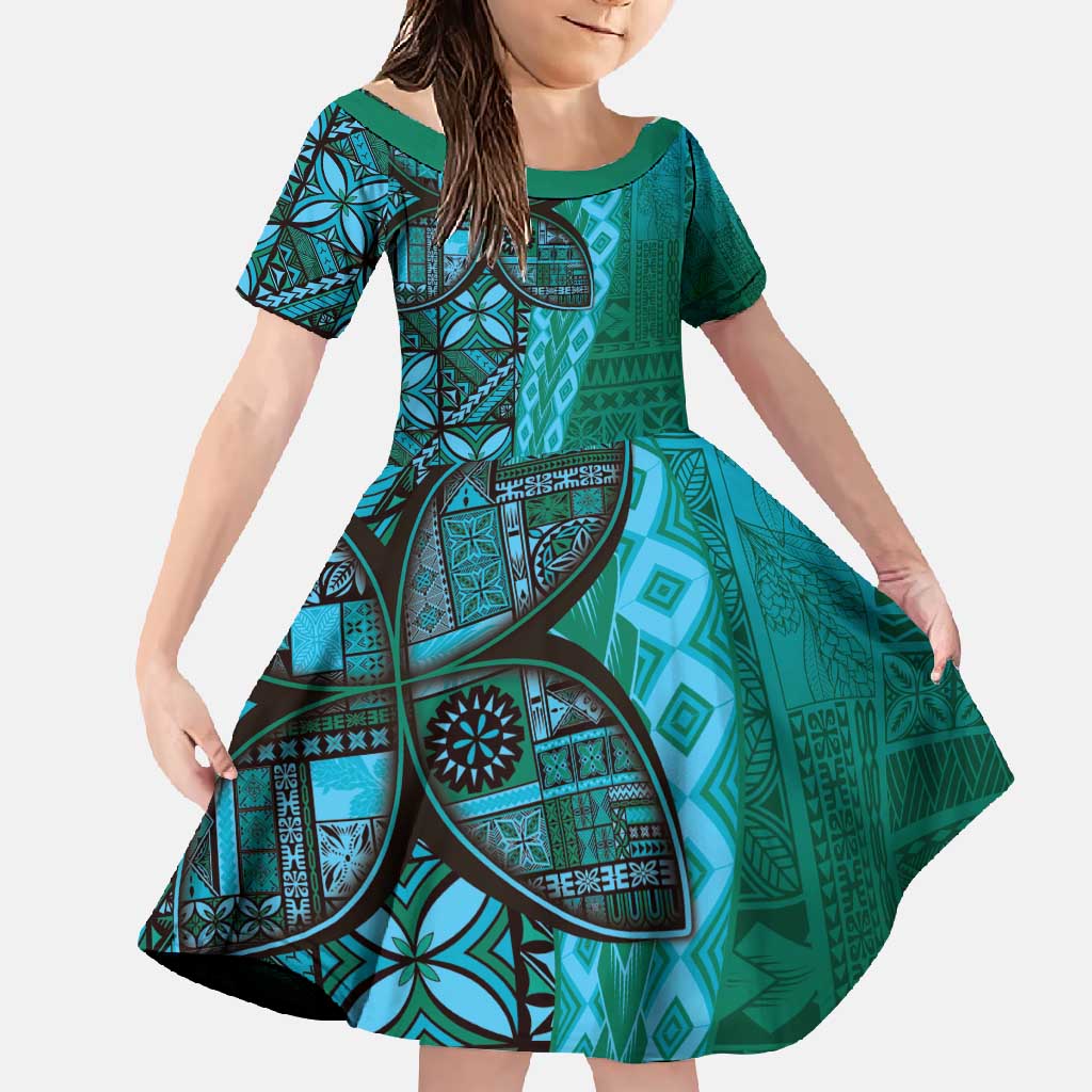 Samoan Pacific Tribal Flower Geometric Art Tattoos Family Matching Long Sleeve Bodycon Dress and Hawaiian Shirt Siapo Pattern Turquoise Tide - Polynesian Pride
