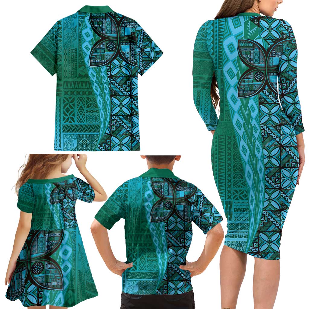 Samoan Pacific Tribal Flower Geometric Art Tattoos Family Matching Long Sleeve Bodycon Dress and Hawaiian Shirt Siapo Pattern Turquoise Tide - Polynesian Pride