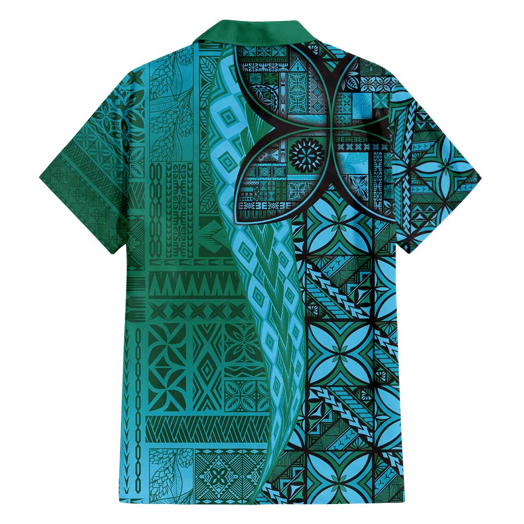 Samoan Pacific Tribal Flower Geometric Art Tattoos Family Matching Long Sleeve Bodycon Dress and Hawaiian Shirt Siapo Pattern Turquoise Tide - Polynesian Pride