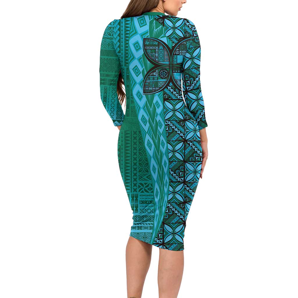 Samoan Pacific Tribal Flower Geometric Art Tattoos Family Matching Long Sleeve Bodycon Dress and Hawaiian Shirt Siapo Pattern Turquoise Tide - Polynesian Pride