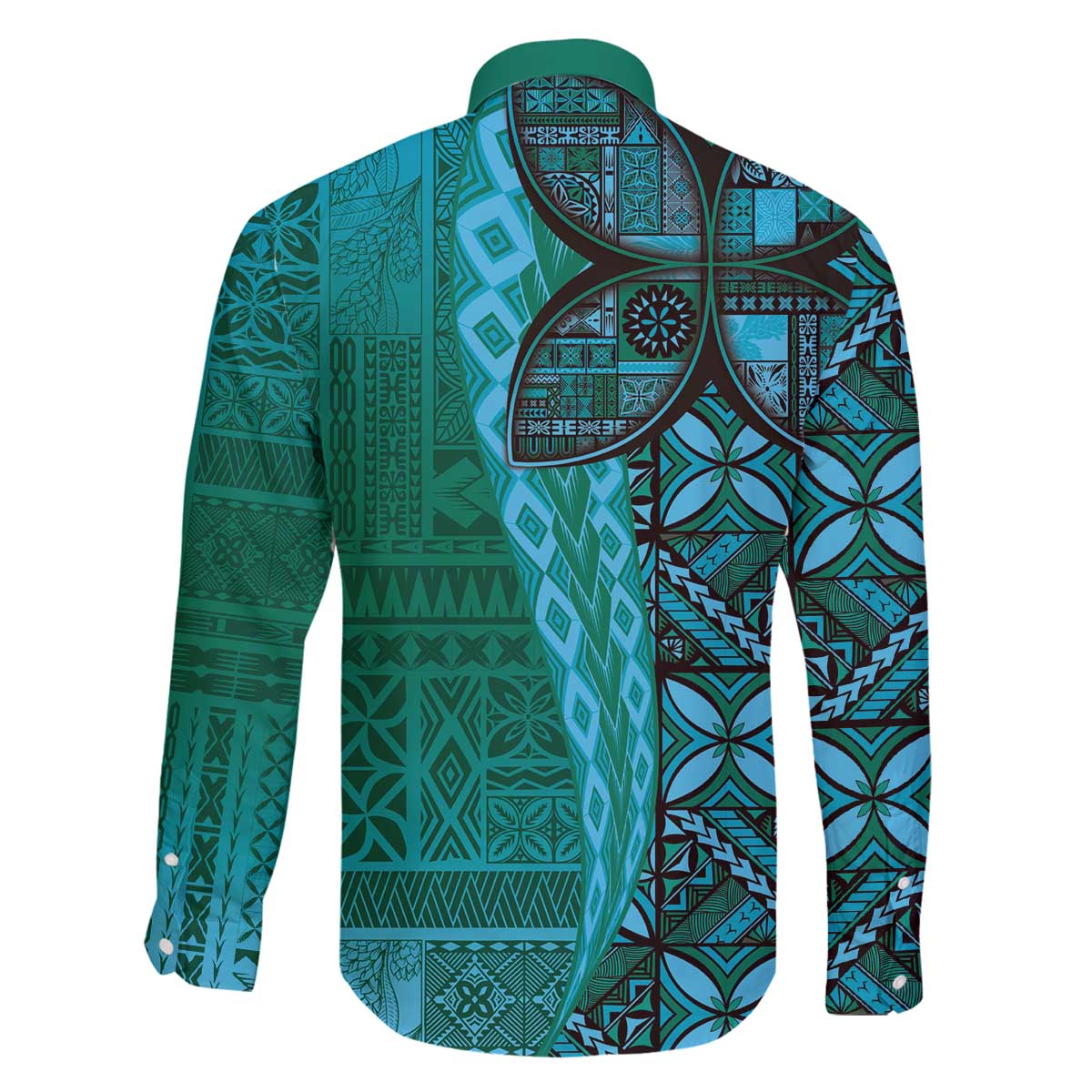 Samoan Pacific Tribal Flower Geometric Art Tattoos Family Matching Off The Shoulder Long Sleeve Dress and Hawaiian Shirt Siapo Pattern Turquoise Tide - Polynesian Pride