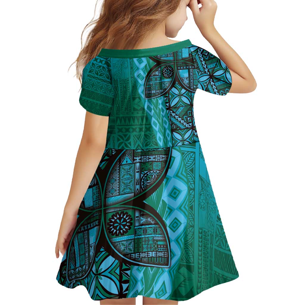 Samoan Pacific Tribal Flower Geometric Art Tattoos Family Matching Off Shoulder Short Dress and Hawaiian Shirt Siapo Pattern Turquoise Tide - Polynesian Pride
