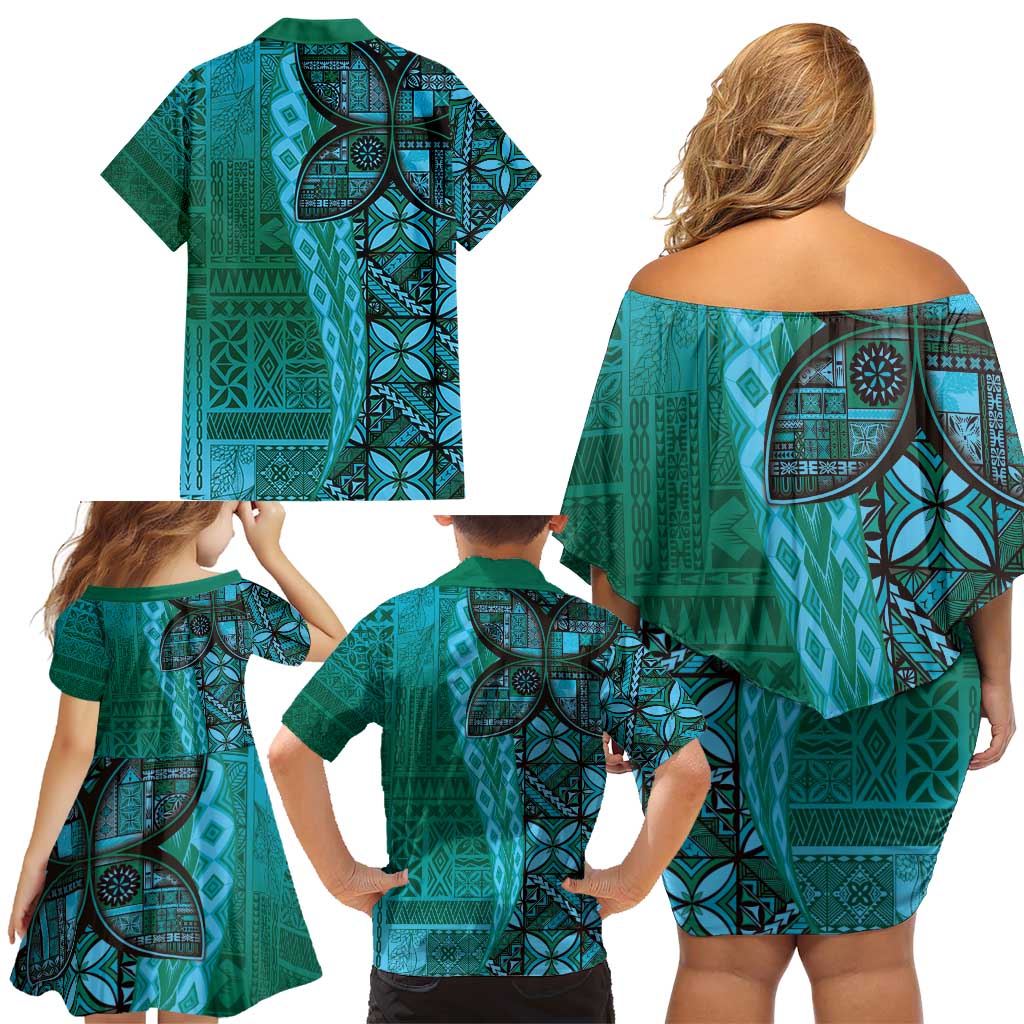 Samoan Pacific Tribal Flower Geometric Art Tattoos Family Matching Off Shoulder Short Dress and Hawaiian Shirt Siapo Pattern Turquoise Tide - Polynesian Pride