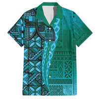 Samoan Pacific Tribal Flower Geometric Art Tattoos Family Matching Off Shoulder Short Dress and Hawaiian Shirt Siapo Pattern Turquoise Tide - Polynesian Pride