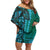 Samoan Pacific Tribal Flower Geometric Art Tattoos Family Matching Off Shoulder Short Dress and Hawaiian Shirt Siapo Pattern Turquoise Tide - Polynesian Pride