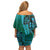 Samoan Pacific Tribal Flower Geometric Art Tattoos Family Matching Off Shoulder Short Dress and Hawaiian Shirt Siapo Pattern Turquoise Tide - Polynesian Pride
