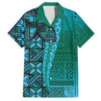 Samoan Pacific Tribal Flower Geometric Art Tattoos Family Matching Short Sleeve Bodycon Dress and Hawaiian Shirt Siapo Pattern Turquoise Tide - Polynesian Pride