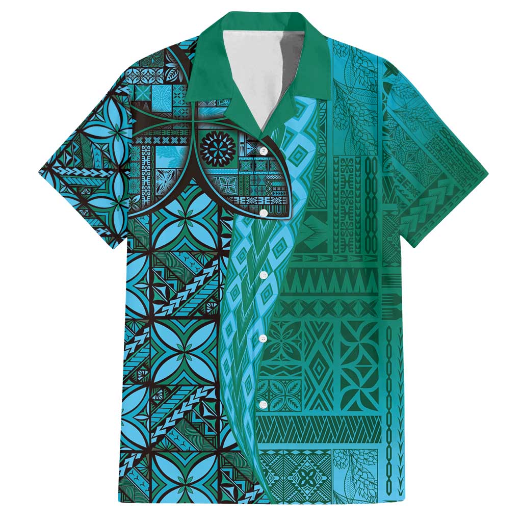 Samoan Pacific Tribal Flower Geometric Art Tattoos Family Matching Summer Maxi Dress and Hawaiian Shirt Siapo Pattern Turquoise Tide - Polynesian Pride
