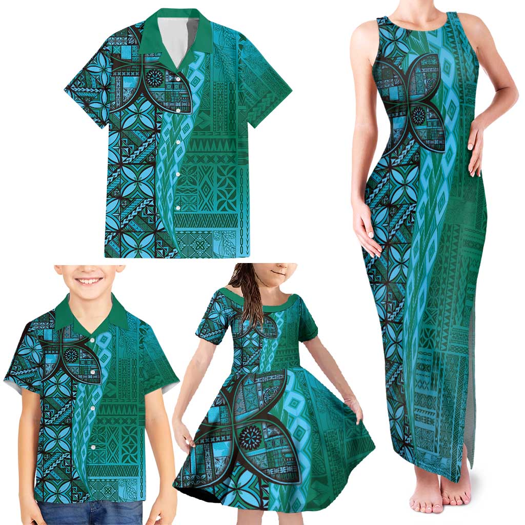 Samoan Pacific Tribal Flower Geometric Art Tattoos Family Matching Tank Maxi Dress and Hawaiian Shirt Siapo Pattern Turquoise Tide - Polynesian Pride