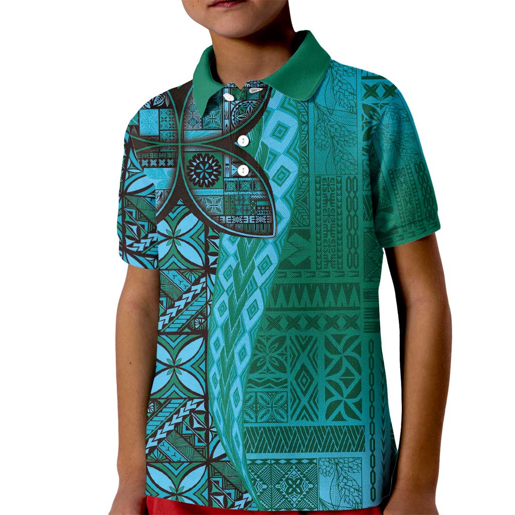 Samoan Pacific Tribal Flower Geometric Art Tattoos Kid Polo Shirt Siapo Pattern Turquoise Tide LT03 Kid Turquoise - Polynesian Pride