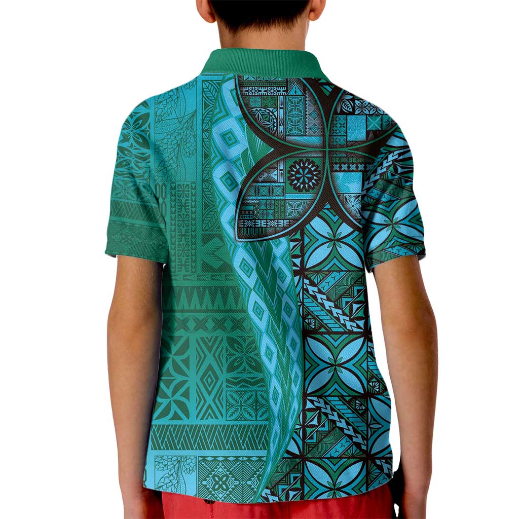 Samoan Pacific Tribal Flower Geometric Art Tattoos Kid Polo Shirt Siapo Pattern Turquoise Tide LT03 - Polynesian Pride