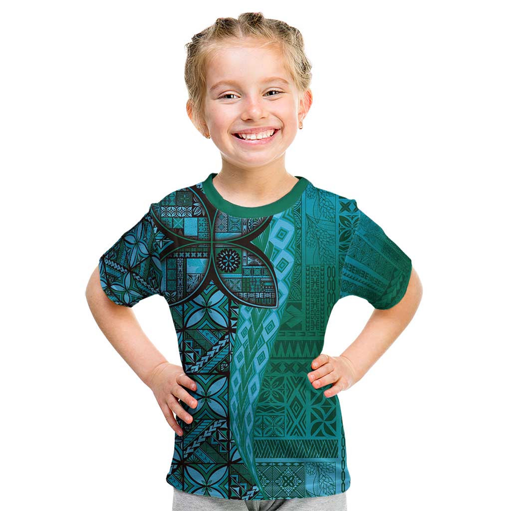 Samoan Pacific Tribal Flower Geometric Art Tattoos Kid T Shirt Siapo Pattern Turquoise Tide LT03 Turquoise - Polynesian Pride