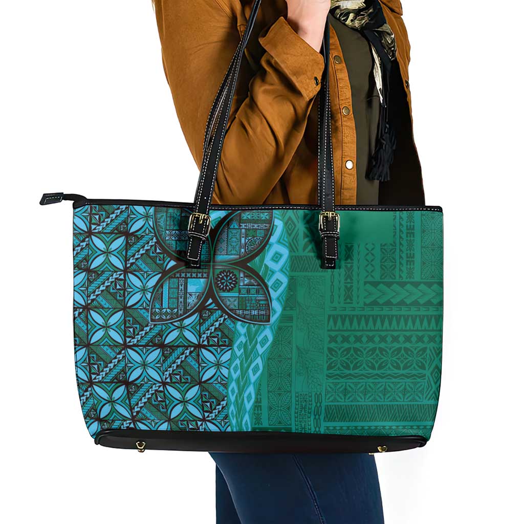 Samoan Pacific Tribal Flower Geometric Art Tattoos Leather Tote Bag Siapo Pattern Turquoise Tide LT03 - Polynesian Pride