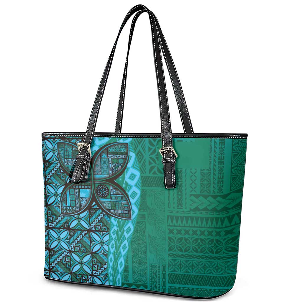 Samoan Pacific Tribal Flower Geometric Art Tattoos Leather Tote Bag Siapo Pattern Turquoise Tide LT03 - Polynesian Pride