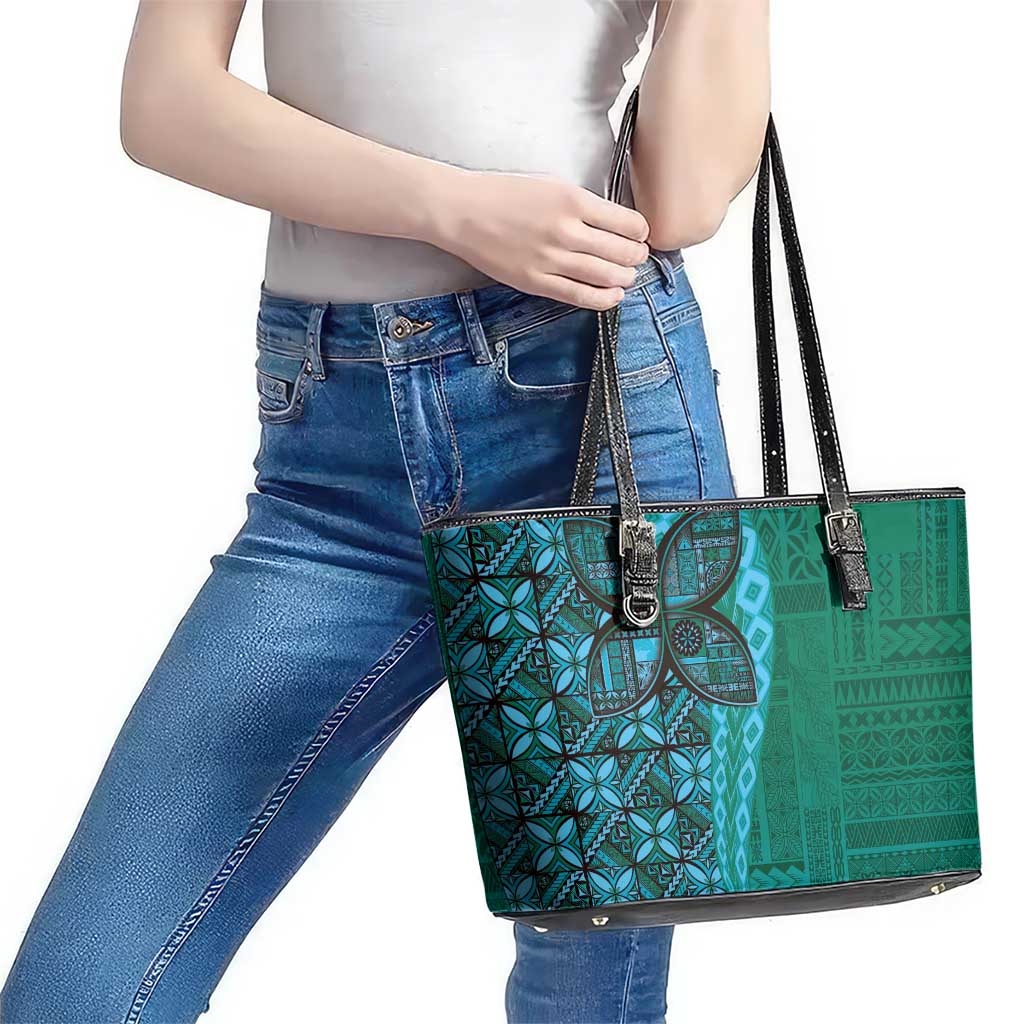 Samoan Pacific Tribal Flower Geometric Art Tattoos Leather Tote Bag Siapo Pattern Turquoise Tide LT03 - Polynesian Pride