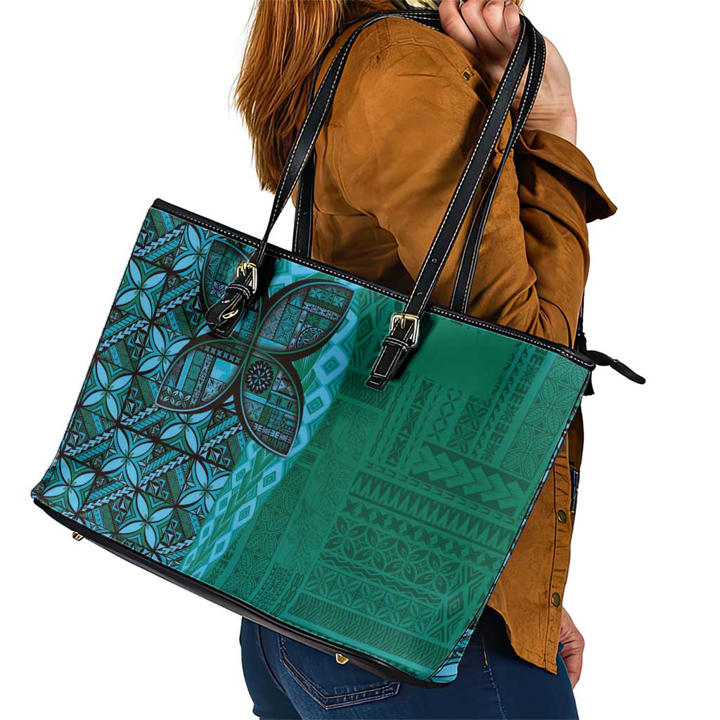 Samoan Pacific Tribal Flower Geometric Art Tattoos Leather Tote Bag Siapo Pattern Turquoise Tide LT03 - Polynesian Pride