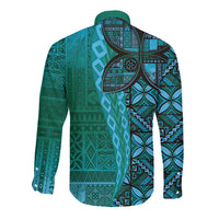 Samoan Pacific Tribal Flower Geometric Art Tattoos Long Sleeve Button Shirt Siapo Pattern Turquoise Tide - Polynesian Pride