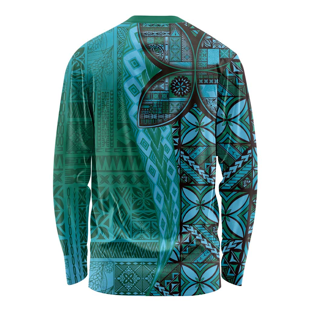 Samoan Pacific Tribal Flower Geometric Art Tattoos Long Sleeve Shirt Siapo Pattern Turquoise Tide - Polynesian Pride