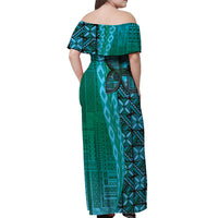 Samoan Pacific Tribal Flower Geometric Art Tattoos Off Shoulder Maxi Dress Siapo Pattern Turquoise Tide - Polynesian Pride