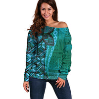 Samoan Pacific Tribal Flower Geometric Art Tattoos Off Shoulder Sweater Siapo Pattern Turquoise Tide - Polynesian Pride
