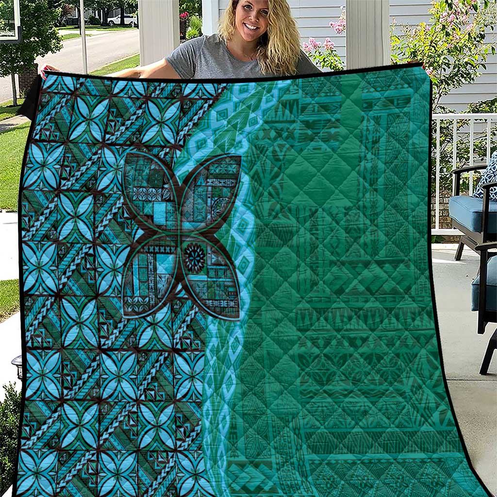 Samoan Pacific Tribal Flower Geometric Art Tattoos Quilt Siapo Pattern Turquoise Tide LT03 Turquoise - Polynesian Pride