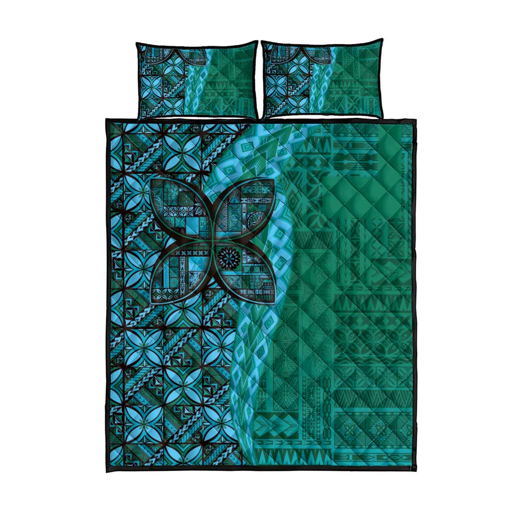 Samoan Pacific Tribal Flower Geometric Art Tattoos Quilt Bed Set Siapo Pattern Turquoise Tide - Polynesian Pride