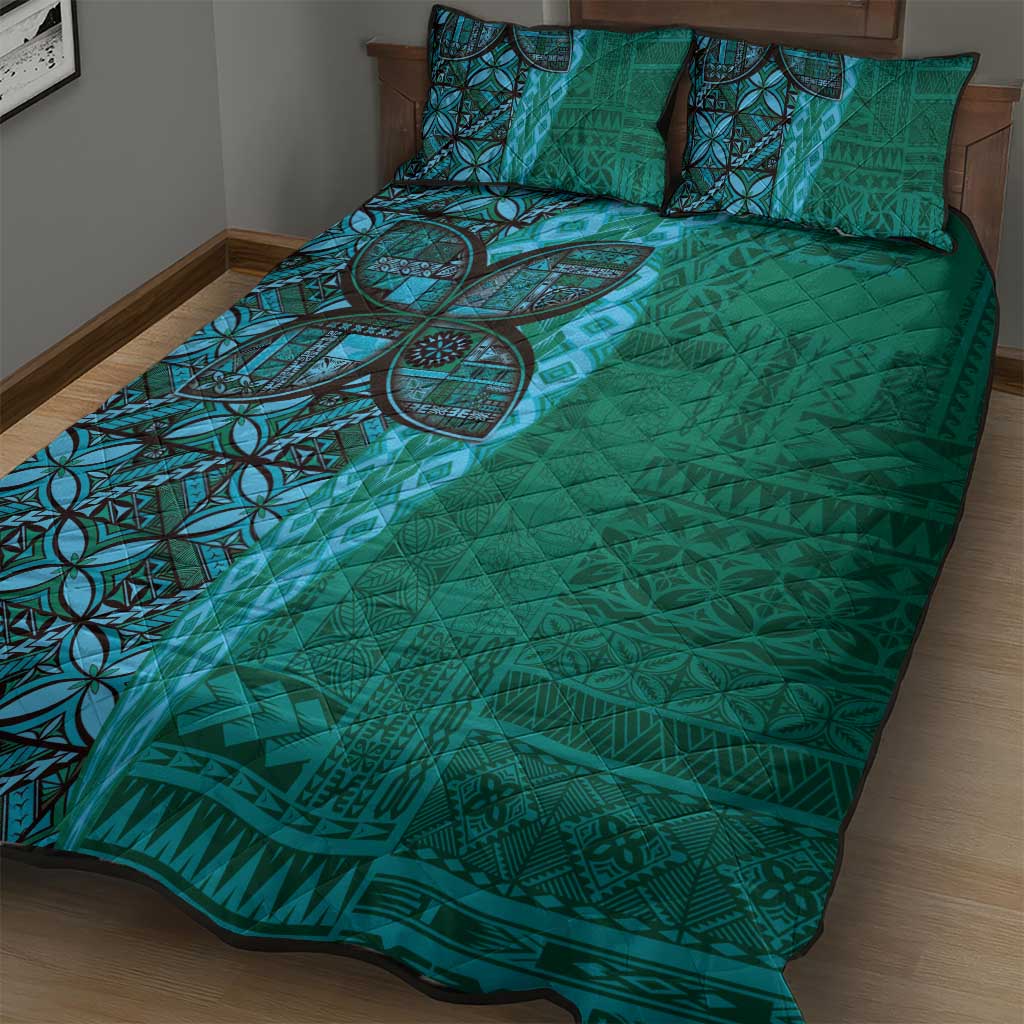 Samoan Pacific Tribal Flower Geometric Art Tattoos Quilt Bed Set Siapo Pattern Turquoise Tide - Polynesian Pride