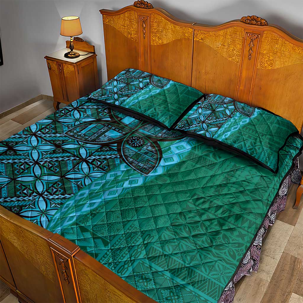 Samoan Pacific Tribal Flower Geometric Art Tattoos Quilt Bed Set Siapo Pattern Turquoise Tide - Polynesian Pride