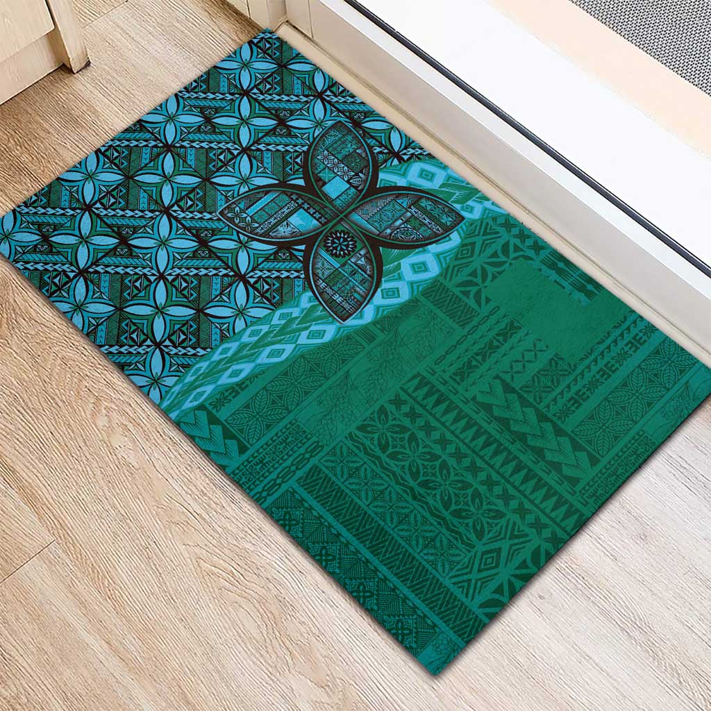 Samoan Pacific Tribal Flower Geometric Art Tattoos Rubber Doormat Siapo Pattern Turquoise Tide - Polynesian Pride