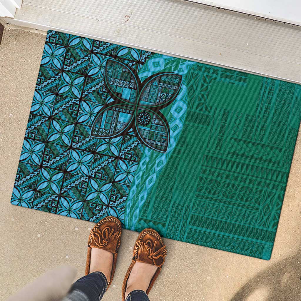 Samoan Pacific Tribal Flower Geometric Art Tattoos Rubber Doormat Siapo Pattern Turquoise Tide - Polynesian Pride