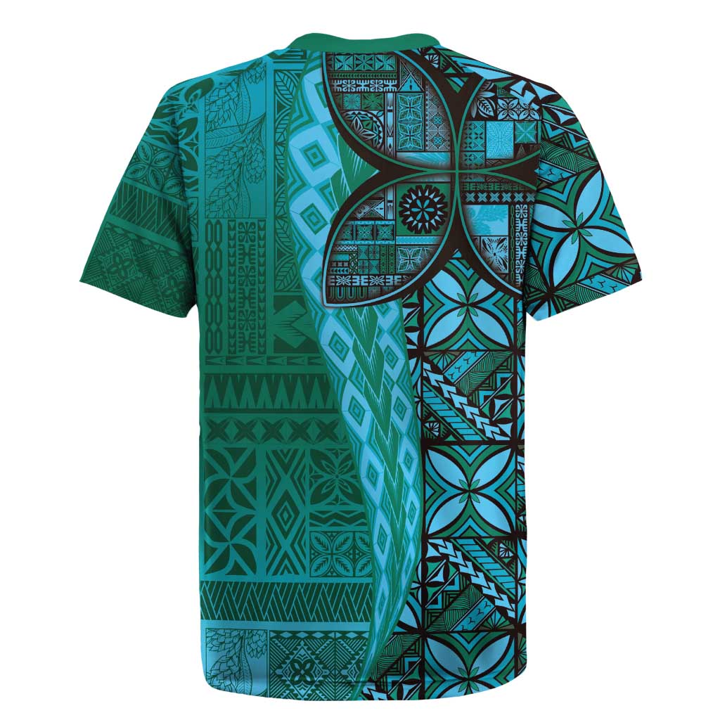 Samoan Pacific Tribal Flower Geometric Art Tattoos Rugby Jersey Siapo Pattern Turquoise Tide - Polynesian Pride