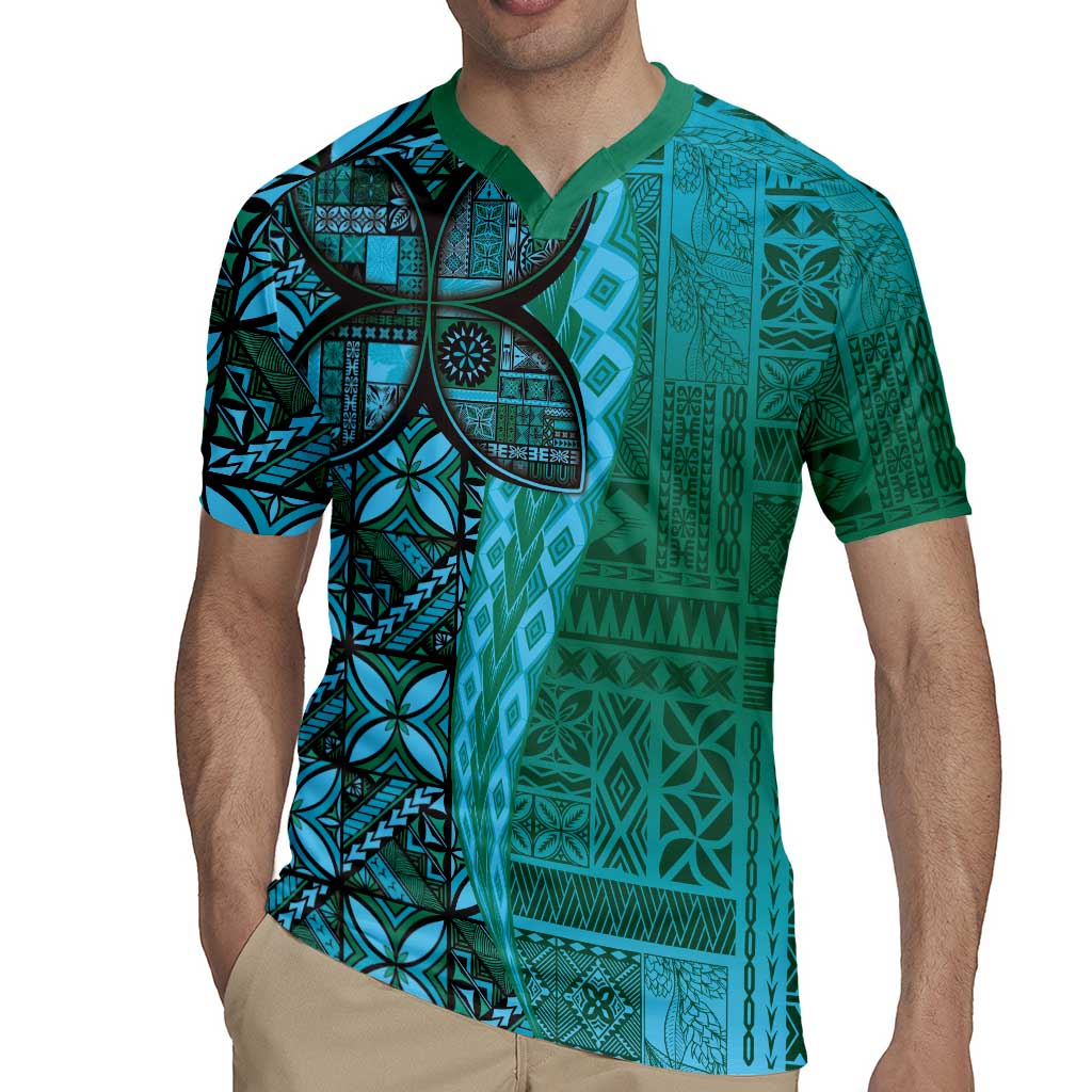 Samoan Pacific Tribal Flower Geometric Art Tattoos Rugby Jersey Siapo Pattern Turquoise Tide - Polynesian Pride