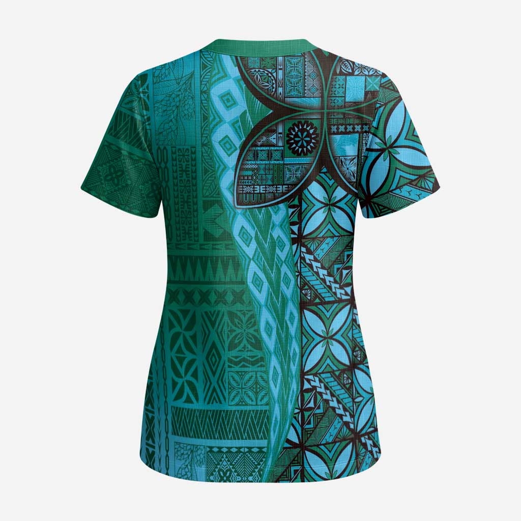 Samoan Pacific Tribal Flower Geometric Art Tattoos Scrub Top Siapo Pattern Turquoise Tide - Polynesian Pride