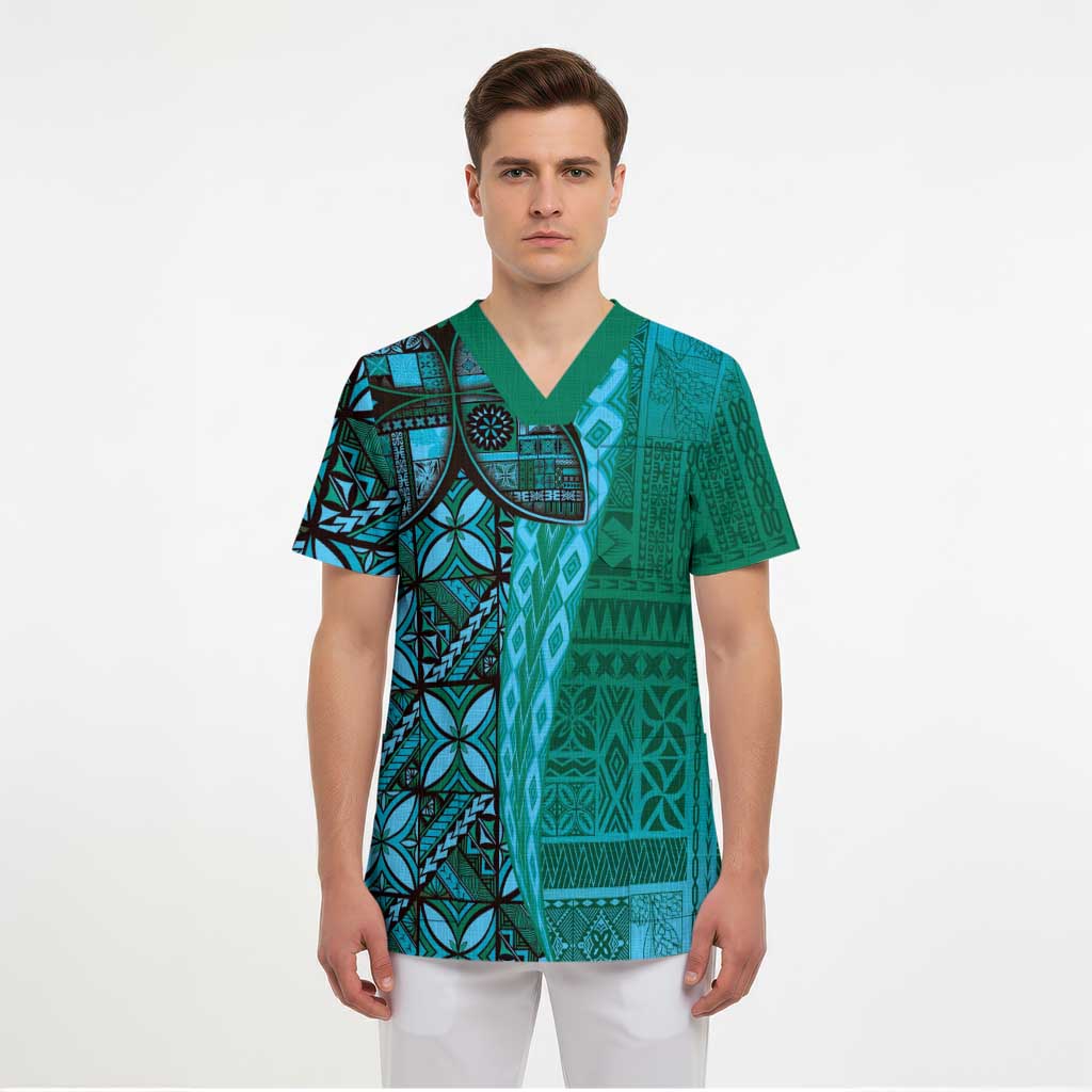 Samoan Pacific Tribal Flower Geometric Art Tattoos Scrub Top Siapo Pattern Turquoise Tide - Polynesian Pride