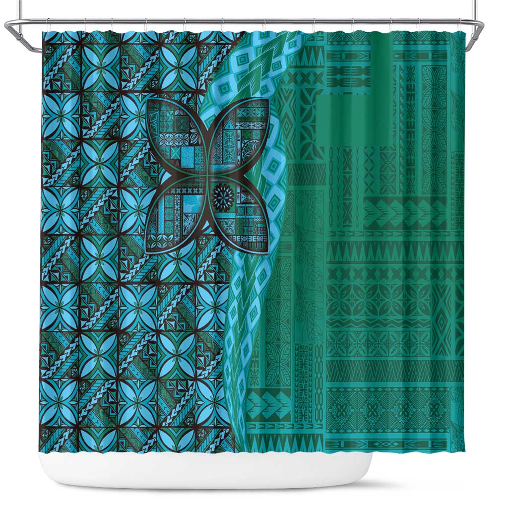 Samoan Pacific Tribal Flower Geometric Art Tattoos Shower Curtain Siapo Pattern Turquoise Tide LT03 Turquoise - Polynesian Pride