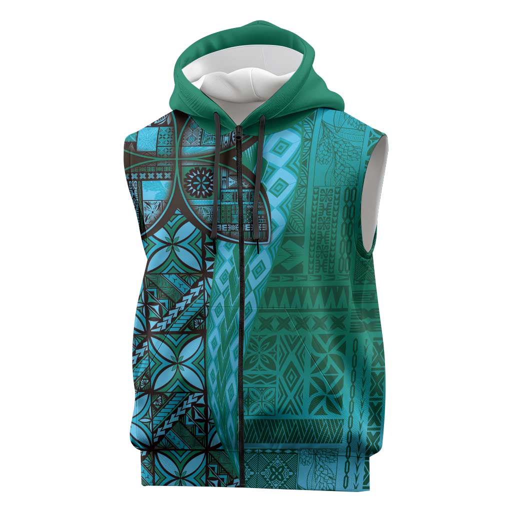 Samoan Pacific Tribal Flower Geometric Art Tattoos Sleeveless Zip Hoodie Siapo Pattern Turquoise Tide LT03 Turquoise - Polynesian Pride