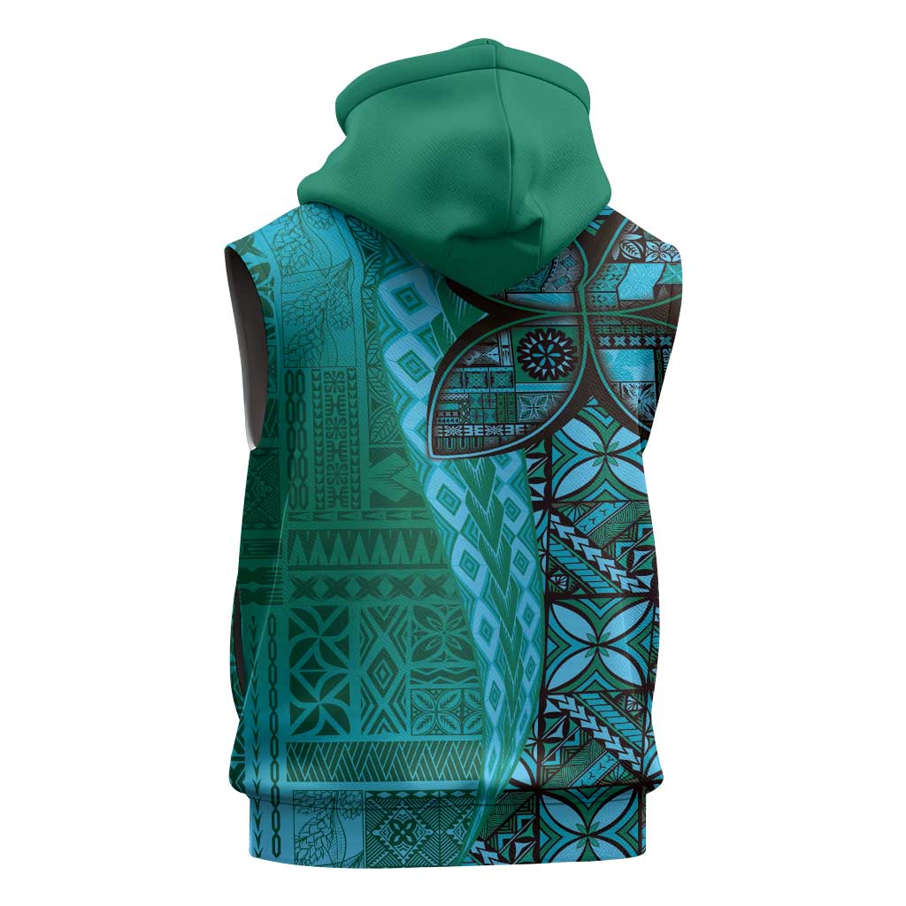 Samoan Pacific Tribal Flower Geometric Art Tattoos Sleeveless Zip Hoodie Siapo Pattern Turquoise Tide LT03 - Polynesian Pride