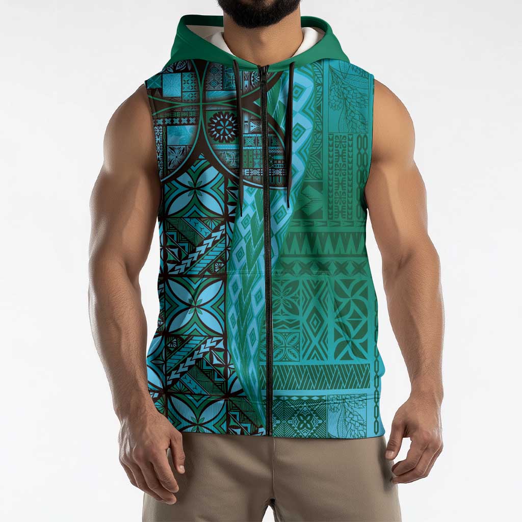 Samoan Pacific Tribal Flower Geometric Art Tattoos Sleeveless Zip Hoodie Siapo Pattern Turquoise Tide LT03 - Polynesian Pride