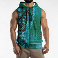 Samoan Pacific Tribal Flower Geometric Art Tattoos Sleeveless Zip Hoodie Siapo Pattern Turquoise Tide LT03 - Polynesian Pride