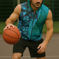 Samoan Pacific Tribal Flower Geometric Art Tattoos Sleeveless Zip Hoodie Siapo Pattern Turquoise Tide LT03 - Polynesian Pride