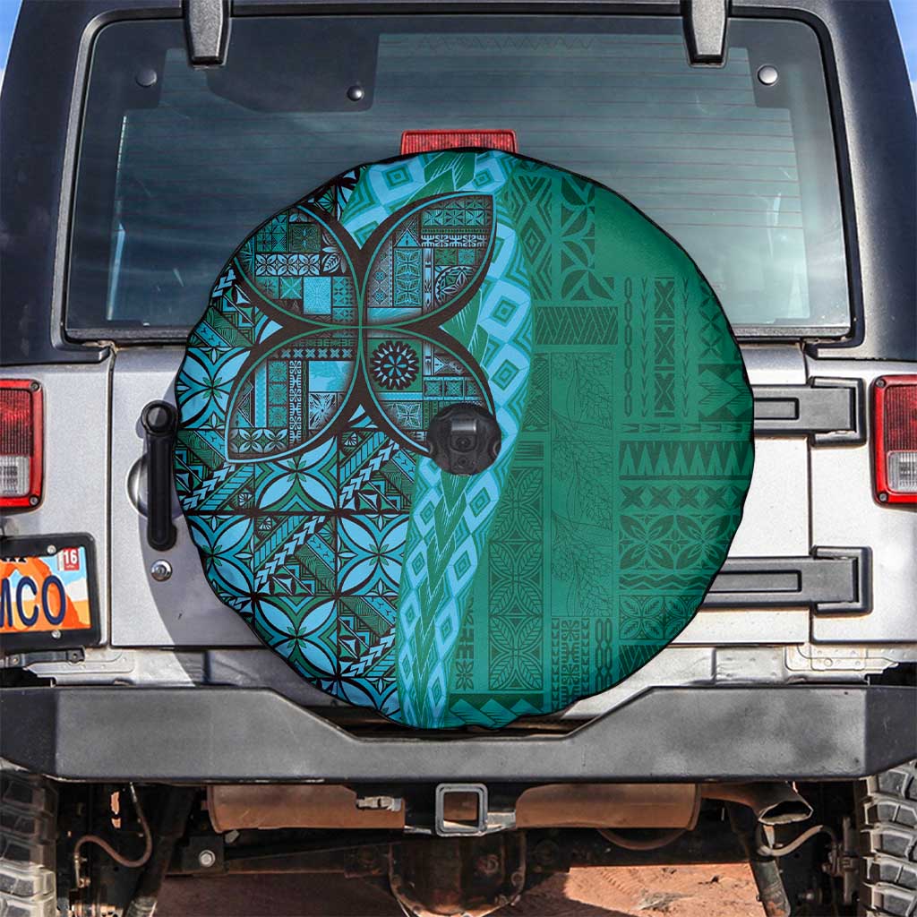 Samoan Pacific Tribal Flower Geometric Art Tattoos Spare Tire Cover Siapo Pattern Turquoise Tide LT03 Turquoise - Polynesian Pride