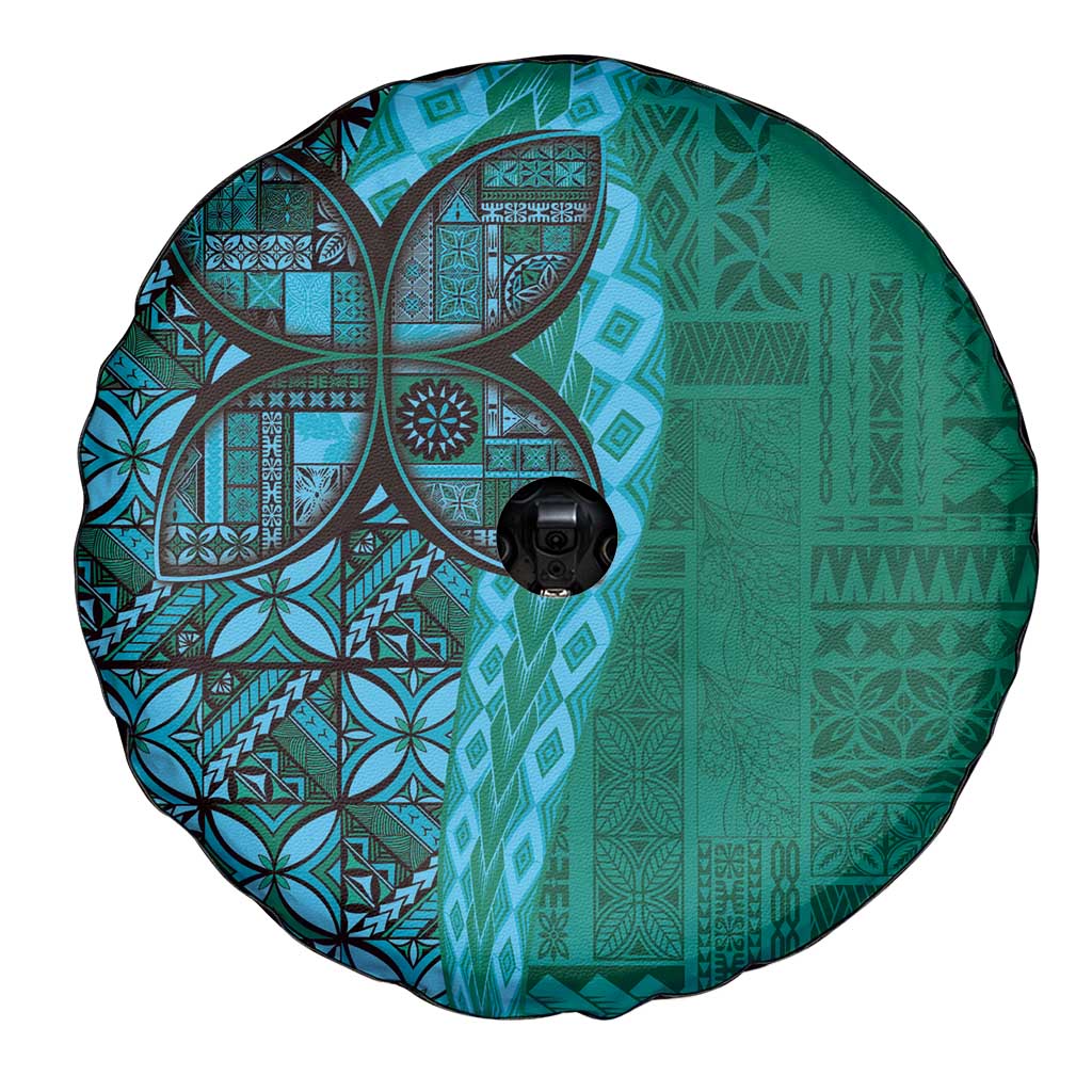 Samoan Pacific Tribal Flower Geometric Art Tattoos Spare Tire Cover Siapo Pattern Turquoise Tide LT03 - Polynesian Pride