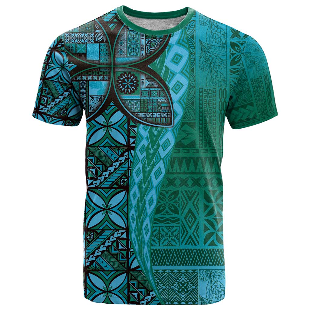 Samoan Pacific Tribal Flower Geometric Art Tattoos T Shirt Siapo Pattern Turquoise Tide - Polynesian Pride