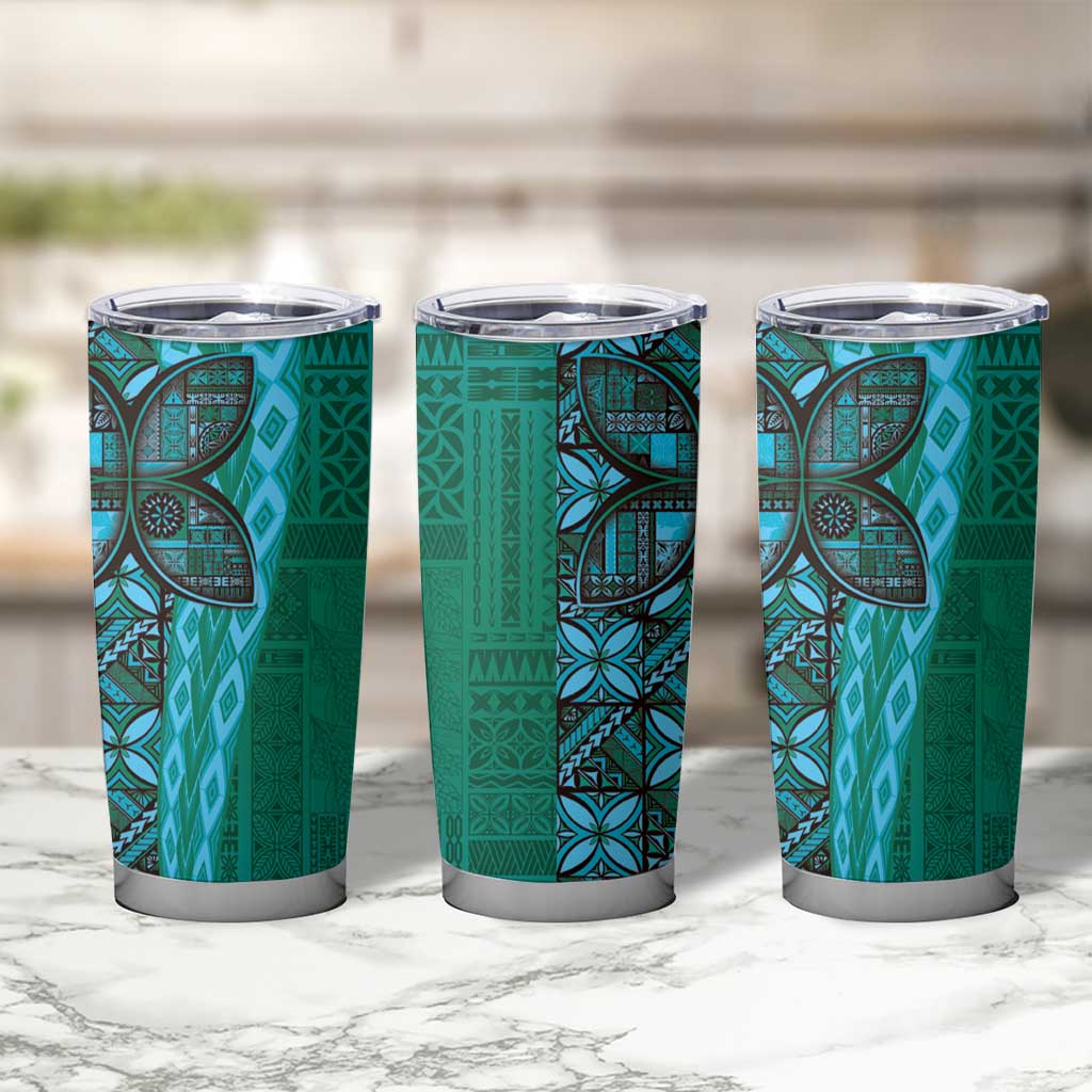 Samoan Pacific Tribal Flower Geometric Art Tattoos Tumbler Cup Siapo Pattern Turquoise Tide - Polynesian Pride