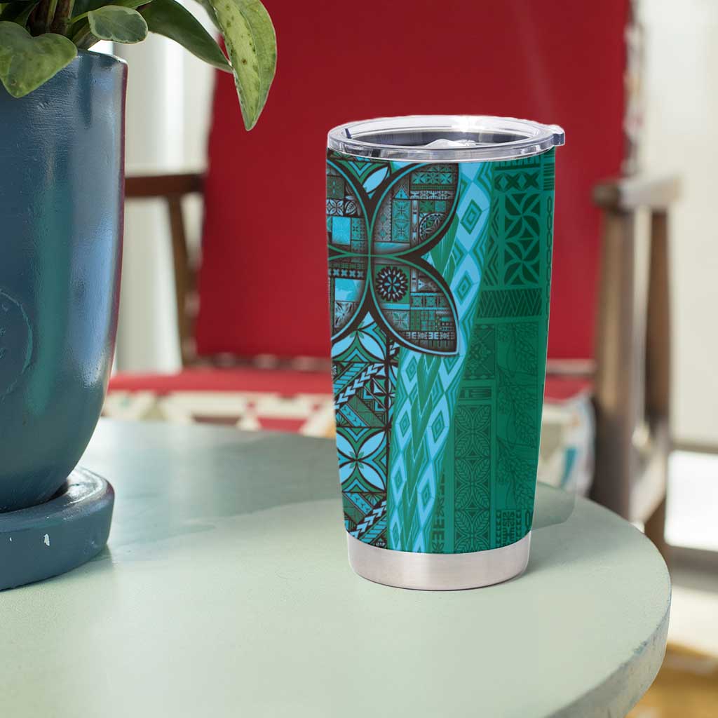Samoan Pacific Tribal Flower Geometric Art Tattoos Tumbler Cup Siapo Pattern Turquoise Tide - Polynesian Pride