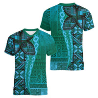 Samoan Pacific Tribal Flower Geometric Art Tattoos Women V-Neck T-Shirt Siapo Pattern Turquoise Tide - Polynesian Pride