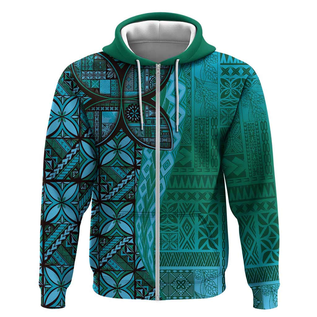 Samoan Pacific Tribal Flower Geometric Art Tattoos Zip Hoodie Siapo Pattern Turquoise Tide LT03 Zip Hoodie Turquoise - Polynesian Pride