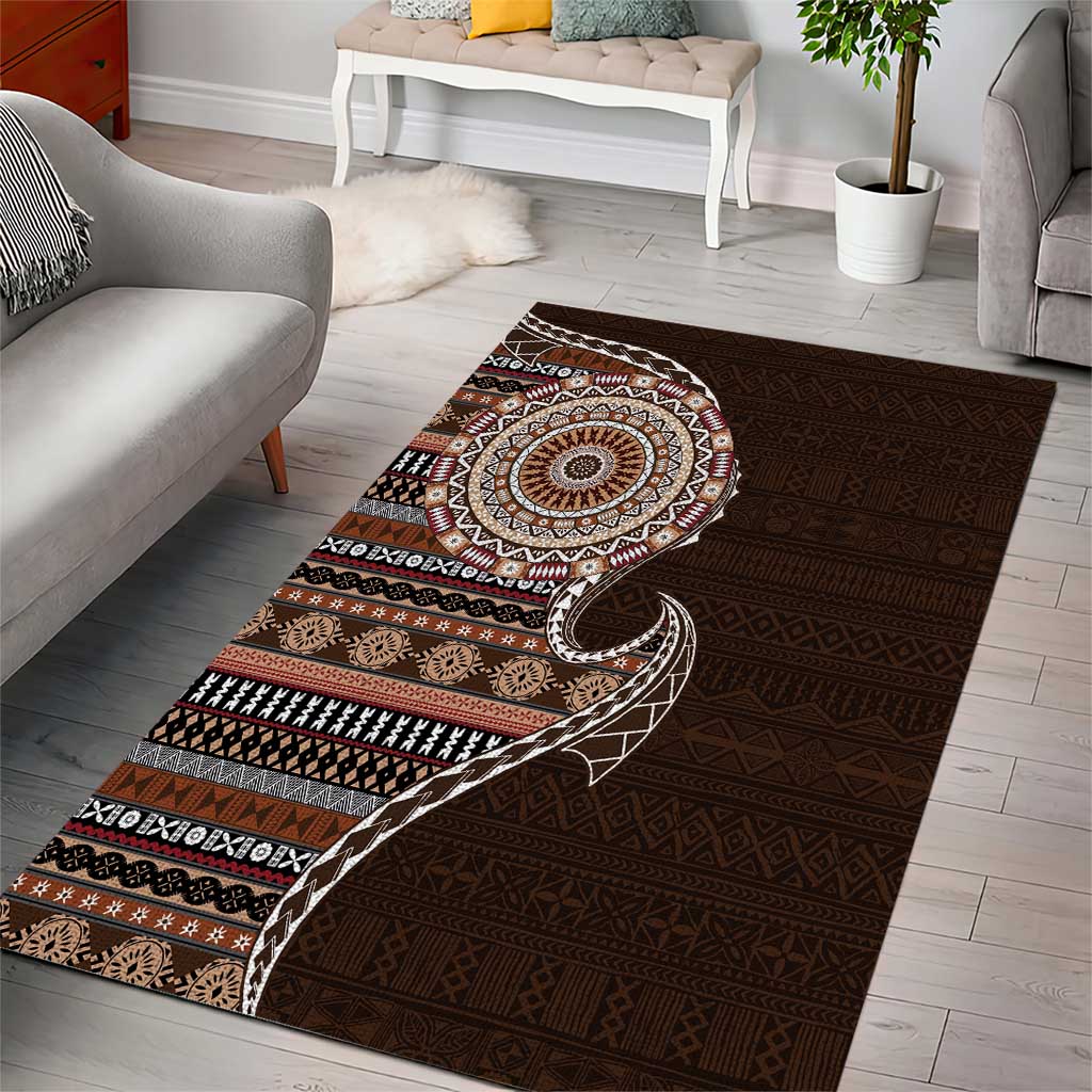 Fijian Masi Tribal Tattoos Art Pattern Area Rug Brown Color Half Style - Polynesian Pride